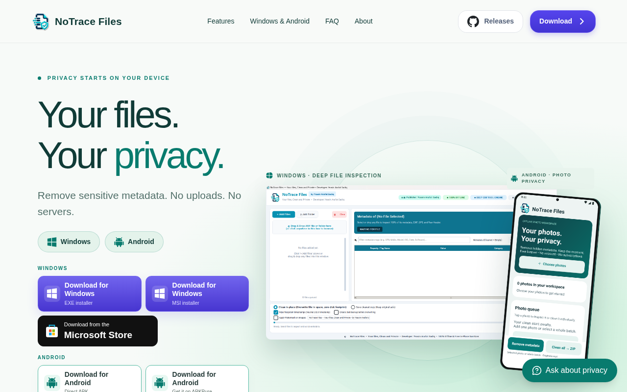 NoTraceFiles.app website preview